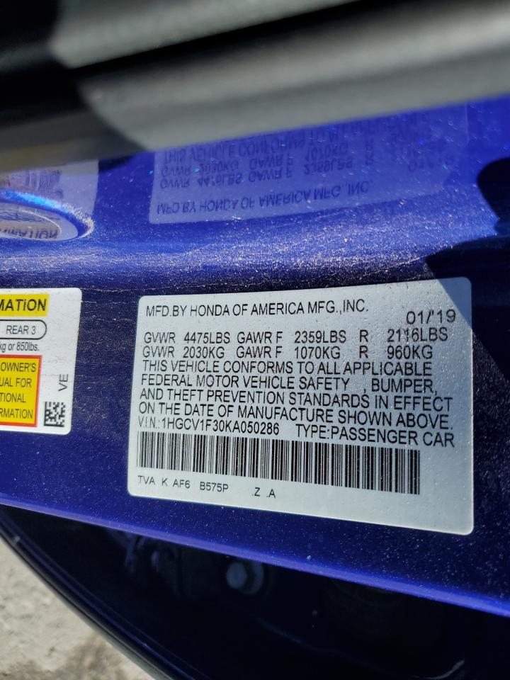 2019 Honda Accord VIN 1HGCV1F30KA050286 Copart auction photo, front end damage thumbnail 14