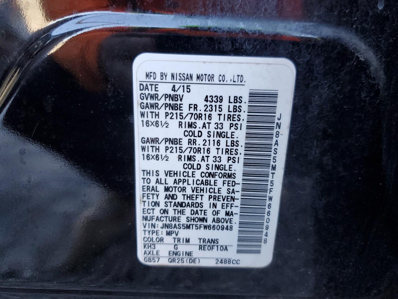 2015 Nissan Rogue VIN JN8AS5MT5FW660948 Copart auction photo, rear end damage thumbnail 13
