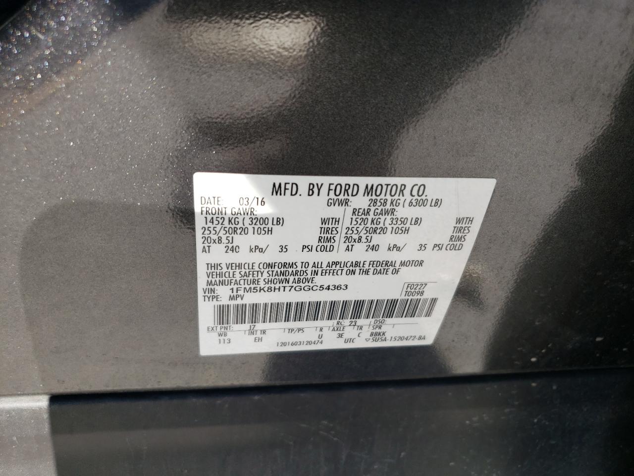 2016 Ford Explorer VIN 1FM5K8HT7GGC54363 Copart auction photo, front end damage thumbnail 13