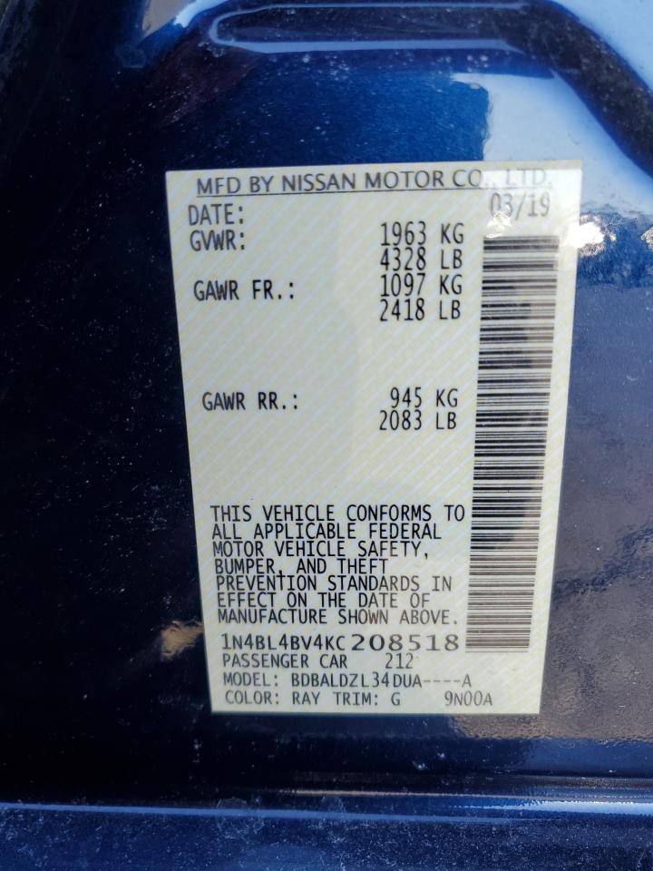 2019 Nissan Altima VIN 1N4BL4BV4KC208518 Copart auction photo, front end / side damage thumbnail 12