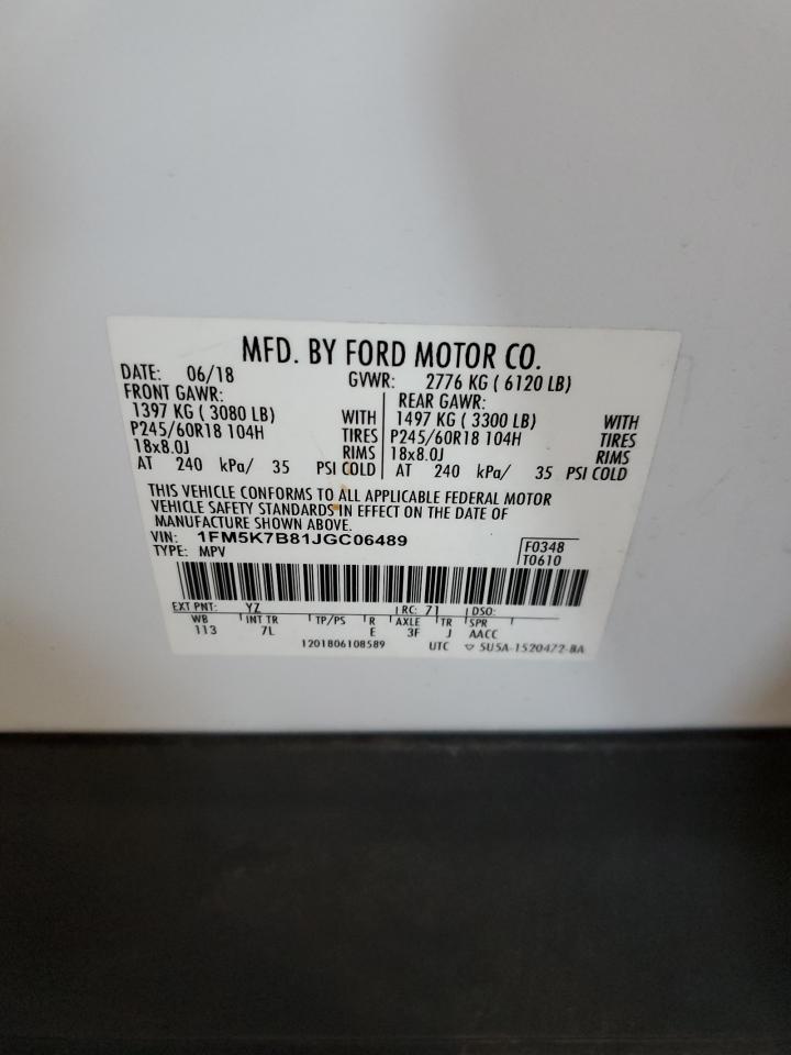 2018 Ford Explorer VIN 1FM5K7B81JGC06489 Copart auction photo, front end / side damage thumbnail 16
