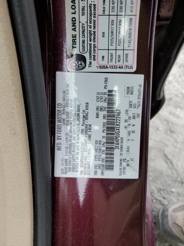 2012 Ford Fusion VIN 3FAHP0JGXCR222467 Copart auction photo, front end damage thumbnail 14