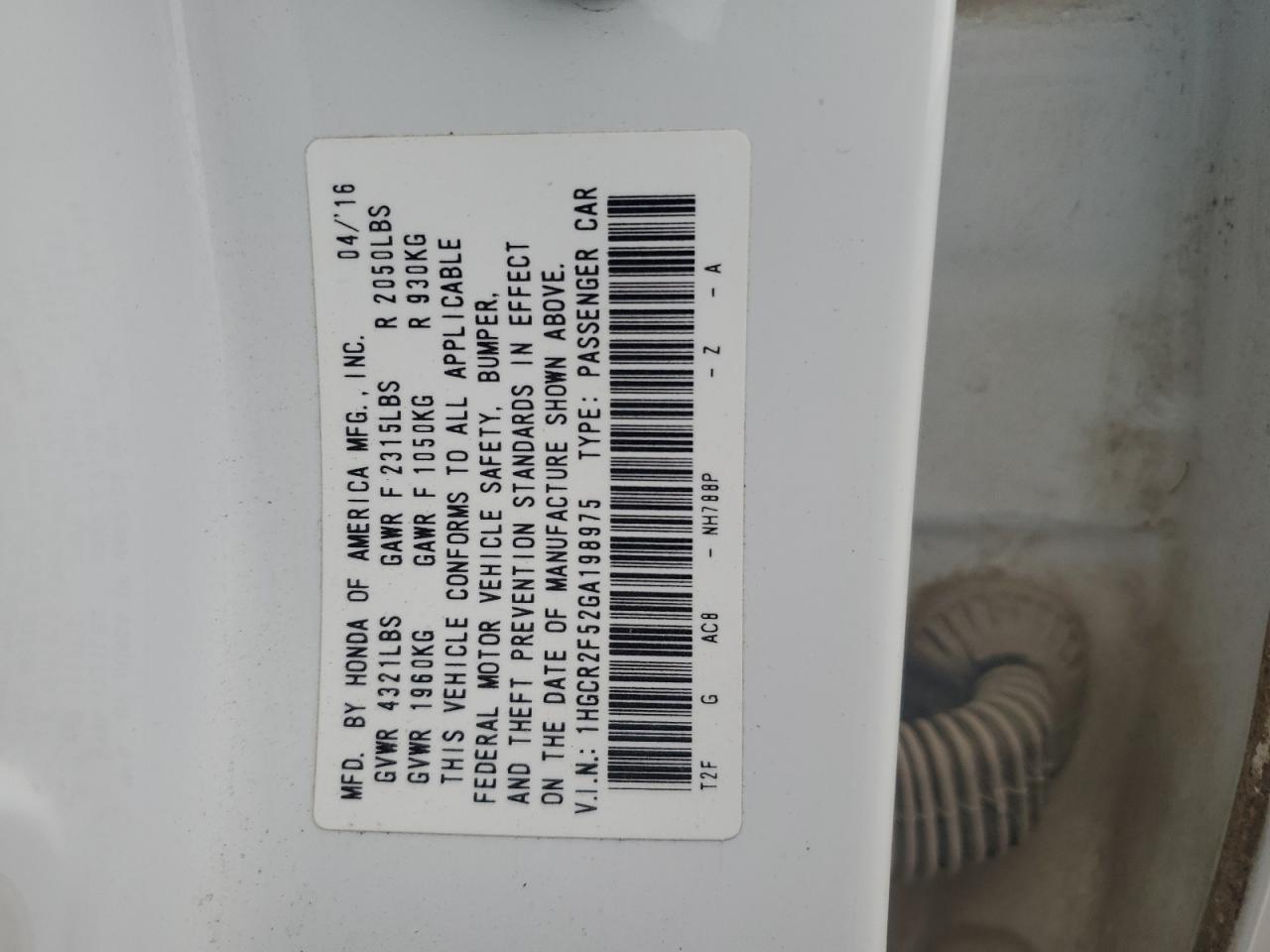 2016 Honda Accord VIN 1HGCR2F52GA198975 Copart auction photo, front end damage thumbnail 14