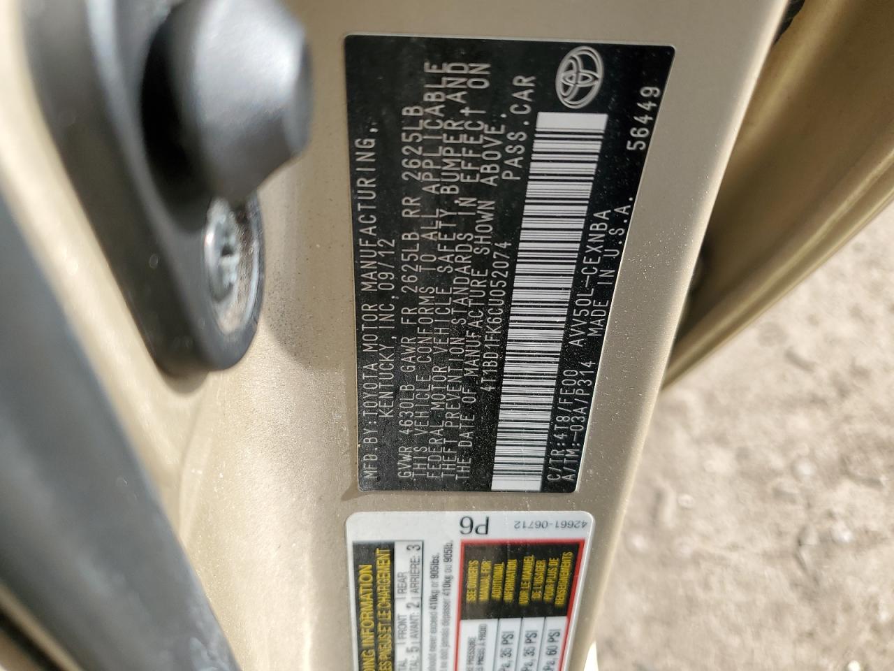2012 Toyota Camry VIN 4T1BD1FK6CU052074 Copart auction photo, side / mechanical damage thumbnail 12