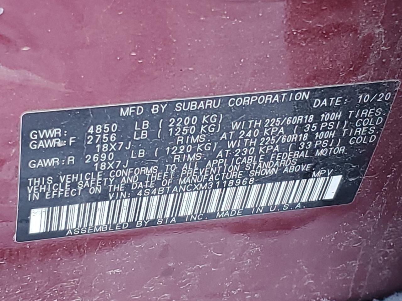 2021 Subaru Outback VIN 4S4BTANCXM3118968 Copart auction photo, rear end damage thumbnail 14