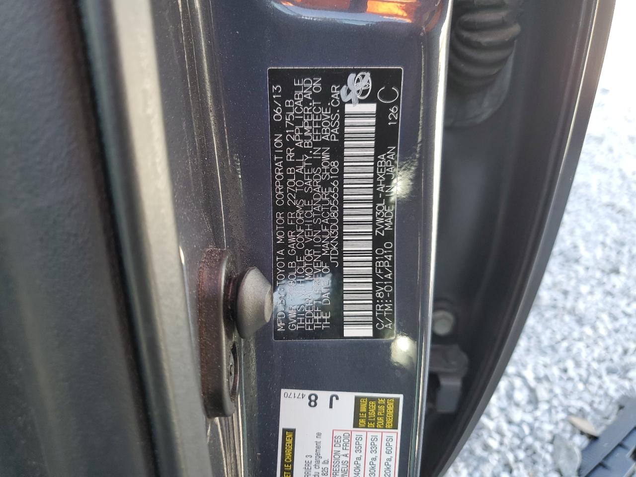 2013 Toyota Prius VIN JTDKN3DU8D5656108 Copart auction photo, side damage thumbnail 14