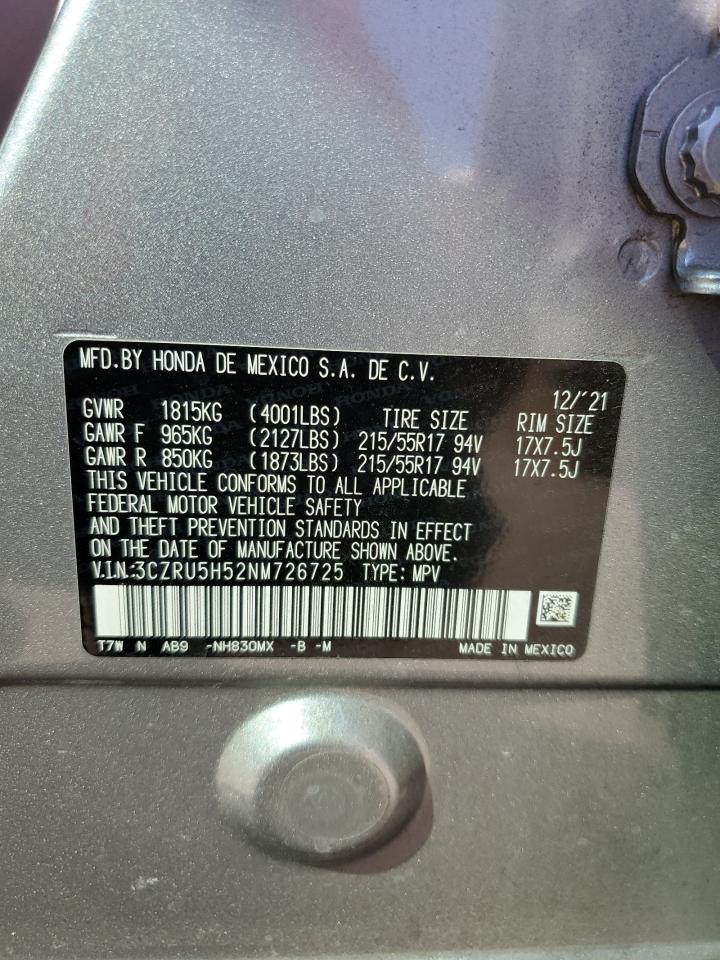 2022 Honda HR-V VIN 3CZRU5H52NM726725 Copart auction photo, side / rear end damage thumbnail 13