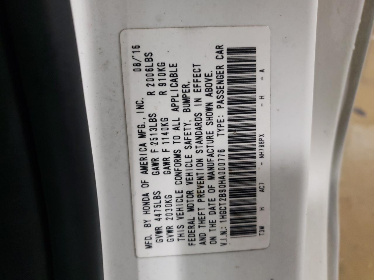 2017 Honda Accord VIN 1HGCT2B90HA000776 Copart auction photo, rear end damage thumbnail 13