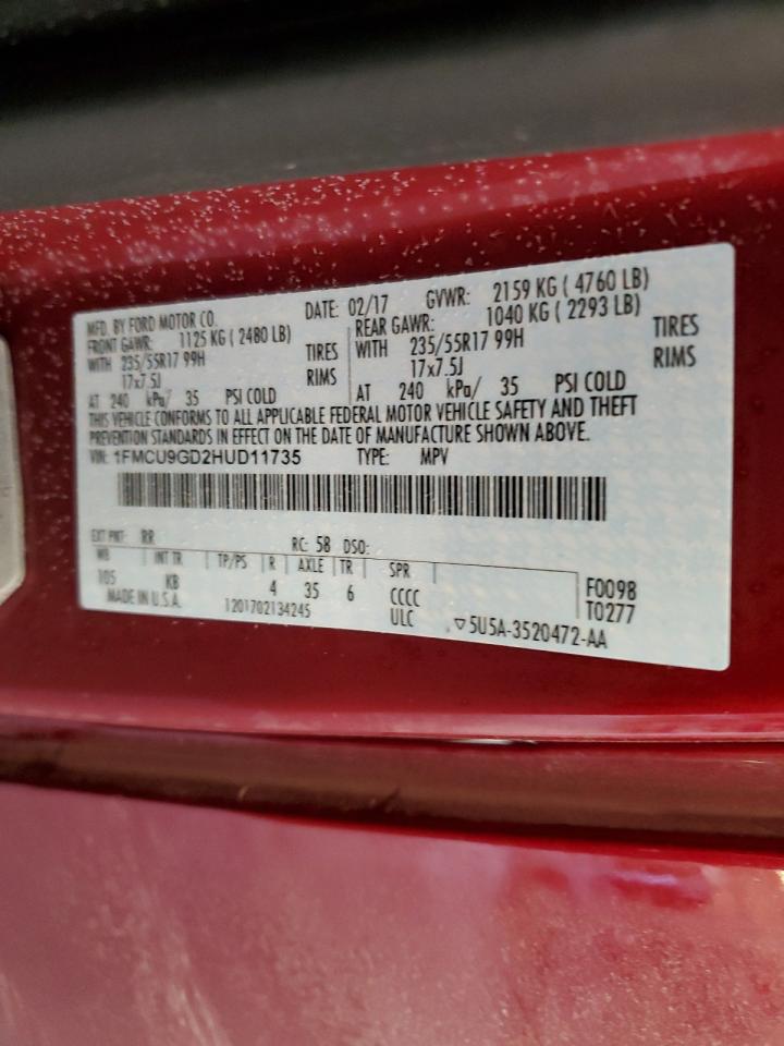 2017 Ford Escape VIN 1FMCU9GD2HUD11735 Copart auction photo, rear end / side damage thumbnail 15