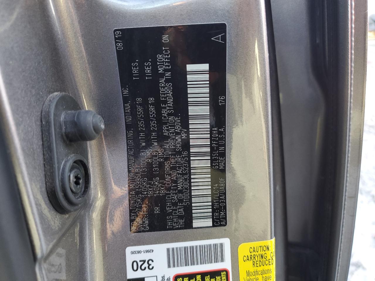 2020 Toyota Sienna VIN 5TDDZ3DC3LS237516 Copart auction photo, rear end damage thumbnail 13