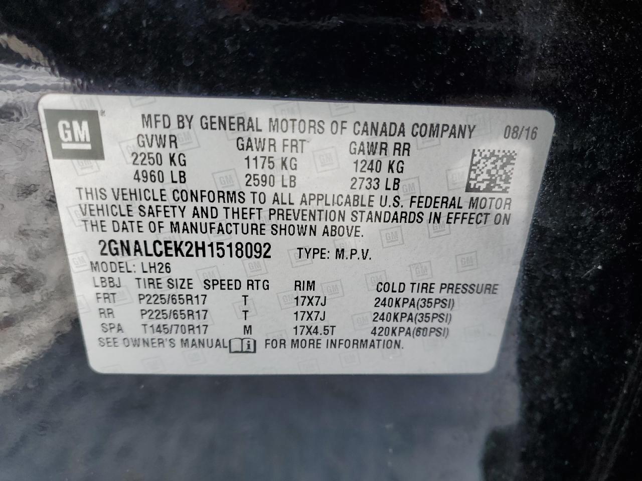 2017 Chevrolet Equinox VIN 2GNALCEK2H1518092 Copart auction photo, front end / side damage thumbnail 13