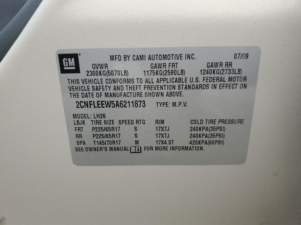 2010 Chevrolet Equinox VIN 2CNFLEEW5A6211873 Copart auction photo, front end damage thumbnail 13