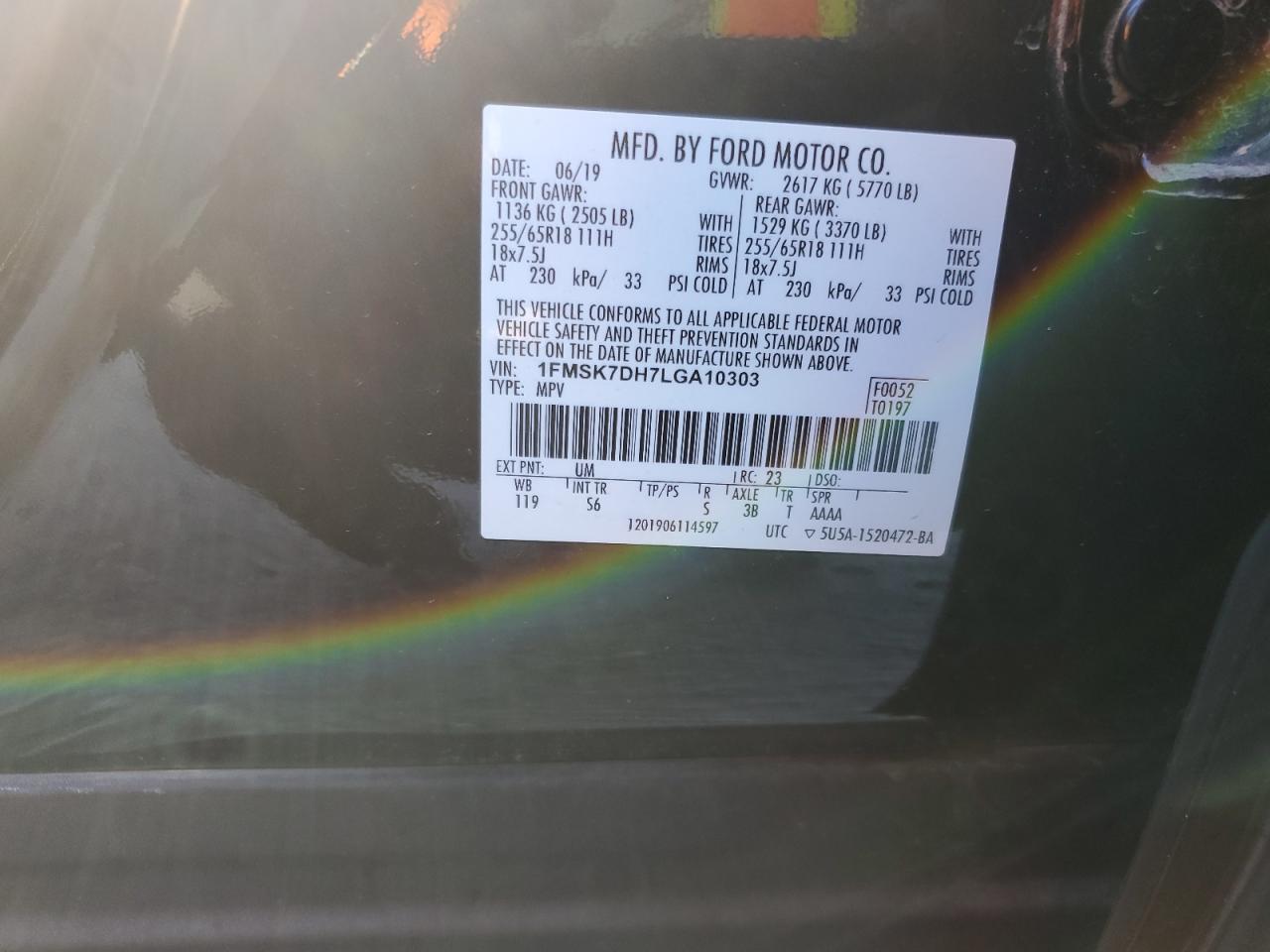 2020 Ford Explorer VIN 1FMSK7DH7LGA10303 Copart auction photo, front end / side damage thumbnail 15
