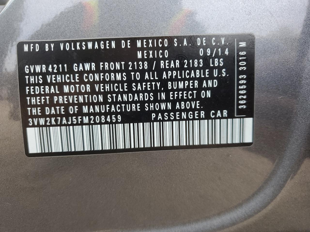 2015 Volkswagen Jetta VIN 3VW2K7AJ5FM208459 Copart auction photo, side / minor dent/scratches damage thumbnail 12