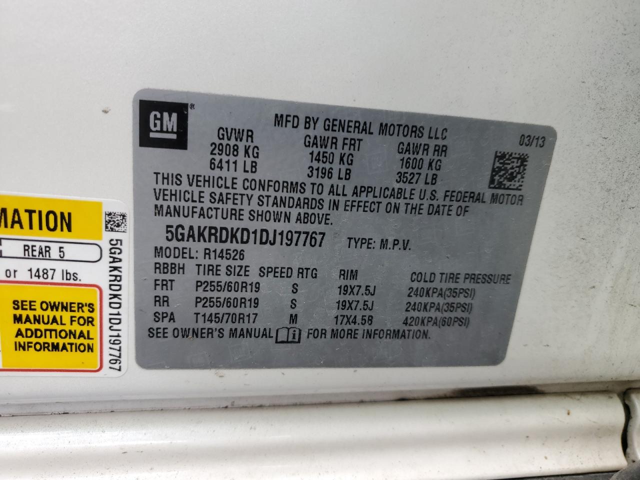 2013 Buick Enclave VIN 5GAKRDKD1DJ197767 Copart auction photo, water/flood damage thumbnail 13