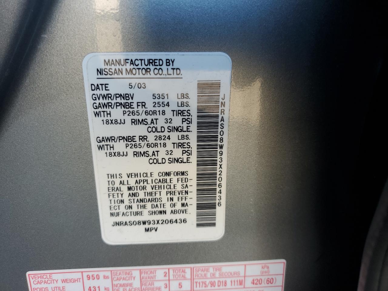 2003 Infiniti FX VIN JNRAS08W93X206436 Copart auction photo, all over damage thumbnail 13
