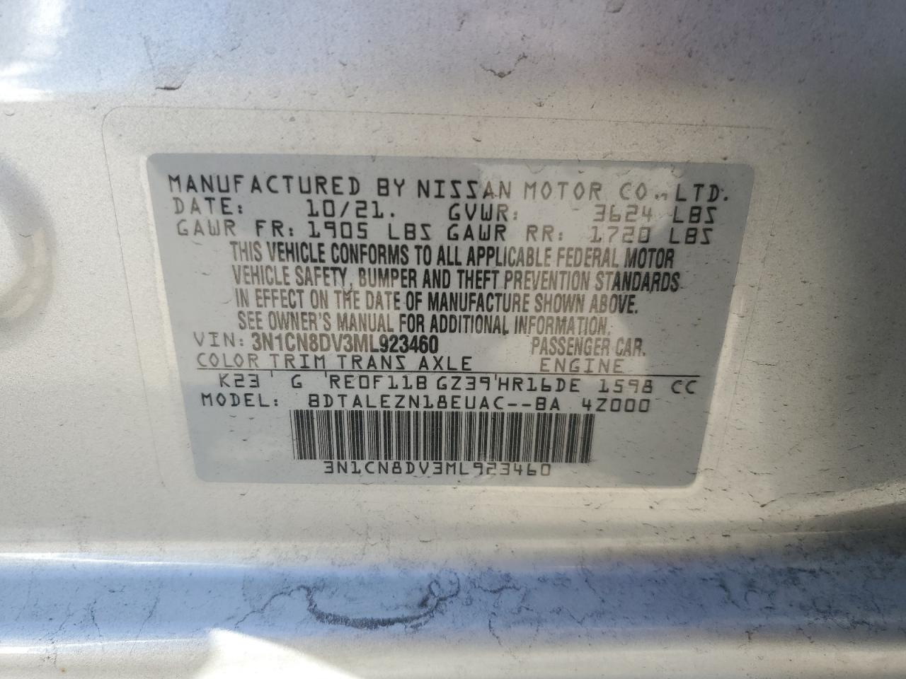 2021 Nissan Versa VIN 3N1CN8DV3ML923460 Copart auction photo, front end / mechanical damage thumbnail 12