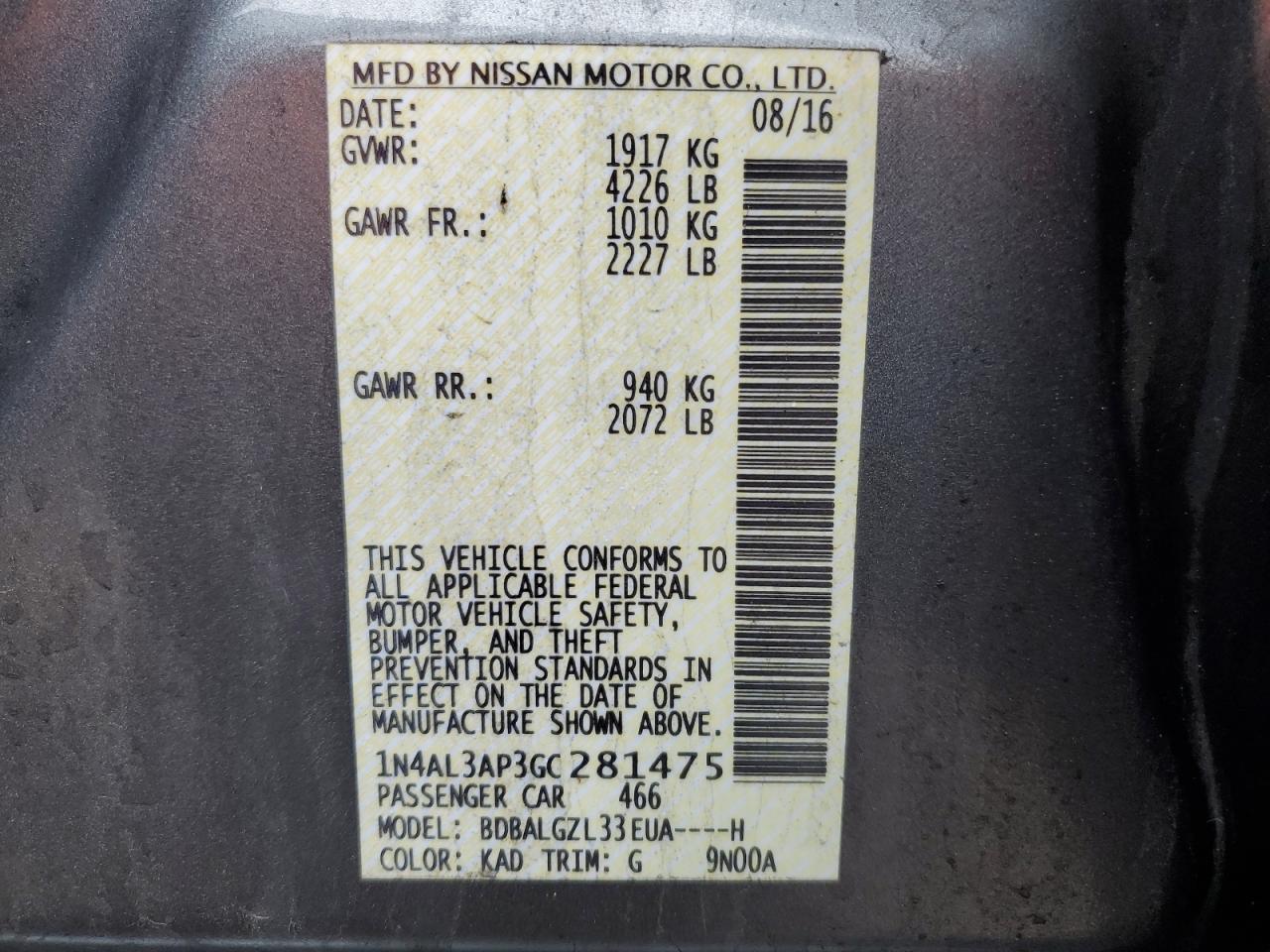 2016 Nissan Altima VIN 1N4AL3AP3GC281475 Copart auction photo, rear end / front end damage thumbnail 13