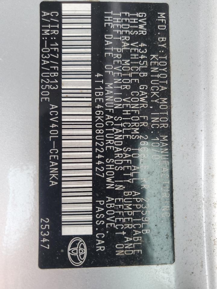 2008 Toyota Camry VIN 4T1BE46K08U224427 Copart auction photo, front end damage thumbnail 12