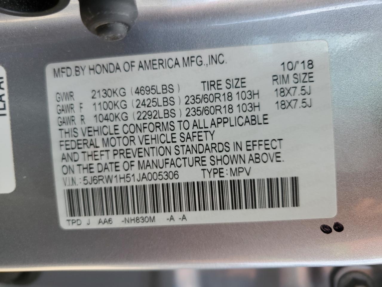 2018 Honda CR-V VIN 5J6RW1H51JA005306 Copart auction photo, rear end damage thumbnail 14