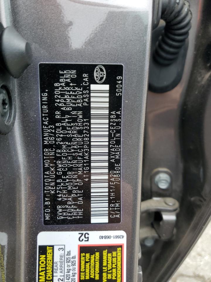 2023 Toyota Camry VIN 4T1G11AK3PU827331 Copart auction photo, rear end damage thumbnail 12