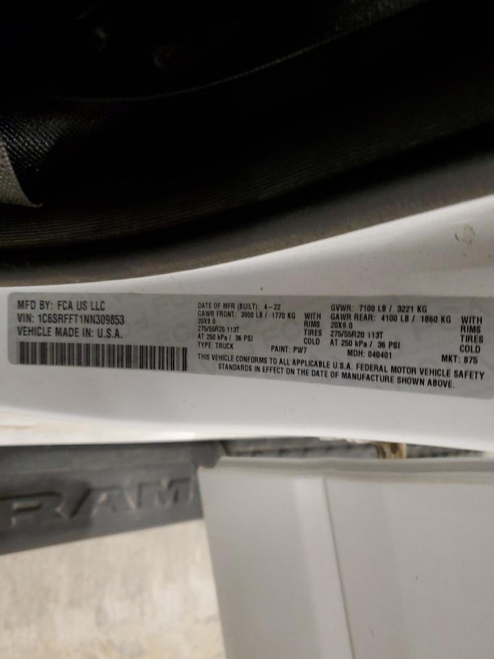 2022 RAM 1500 VIN 1C6SRFFT1NN309853 Copart auction photo, front end damage thumbnail 14