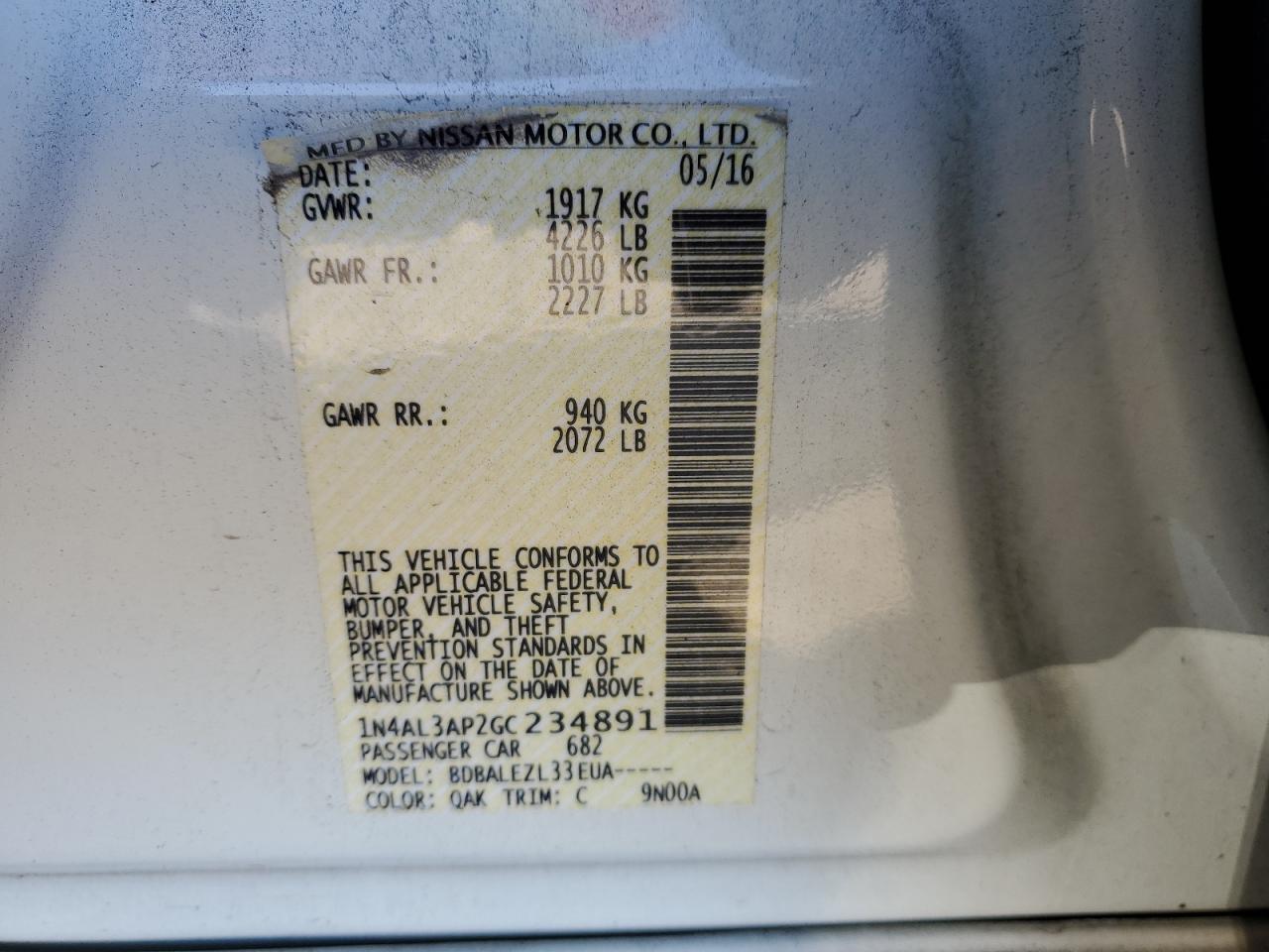 2016 Nissan Altima VIN 1N4AL3AP2GC234891 Copart auction photo, front end / minor dent/scratches damage thumbnail 14