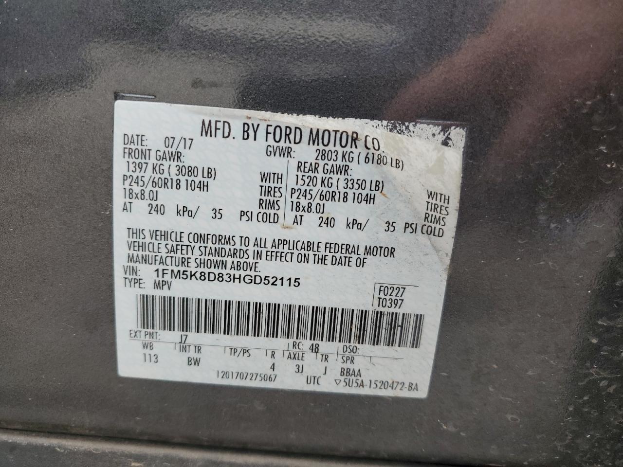 2017 Ford Explorer VIN 1FM5K8D83HGD52115 Copart auction photo, all over / hail damage thumbnail 13