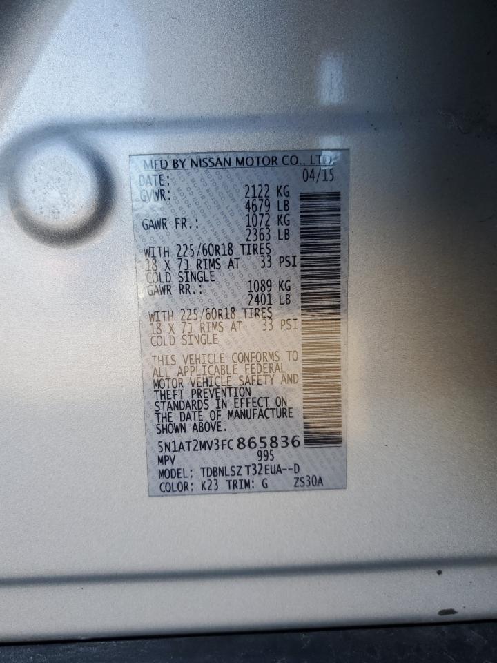 2015 Nissan Rogue VIN 5N1AT2MV3FC865836 Copart auction photo, front end / side damage thumbnail 15