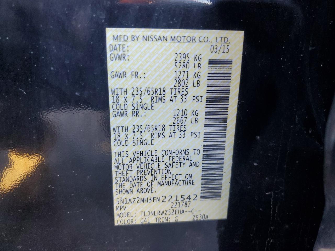 2015 Nissan Murano VIN 5N1AZ2MH3FN221542 Copart auction photo, front end / all over damage thumbnail 14