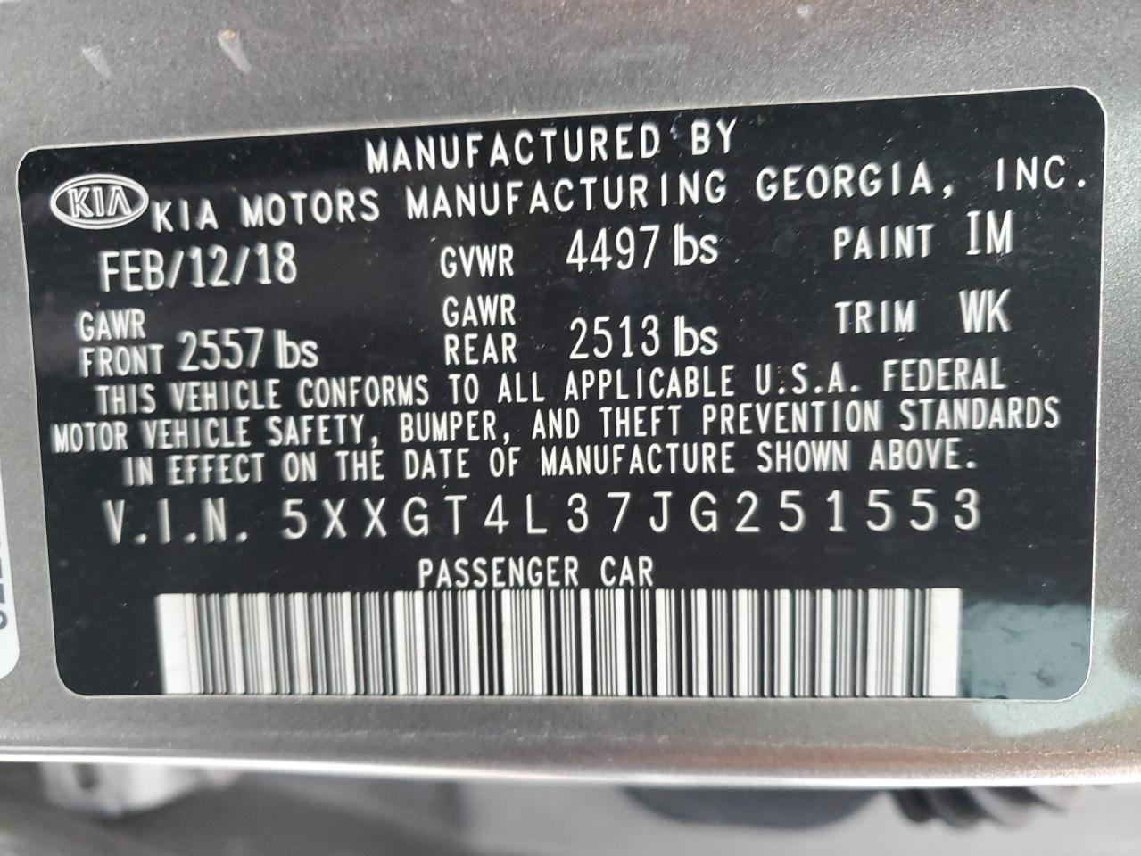 2018 KIA Optima VIN 5XXGT4L37JG251553 Copart auction photo, undercarriage damage thumbnail 13