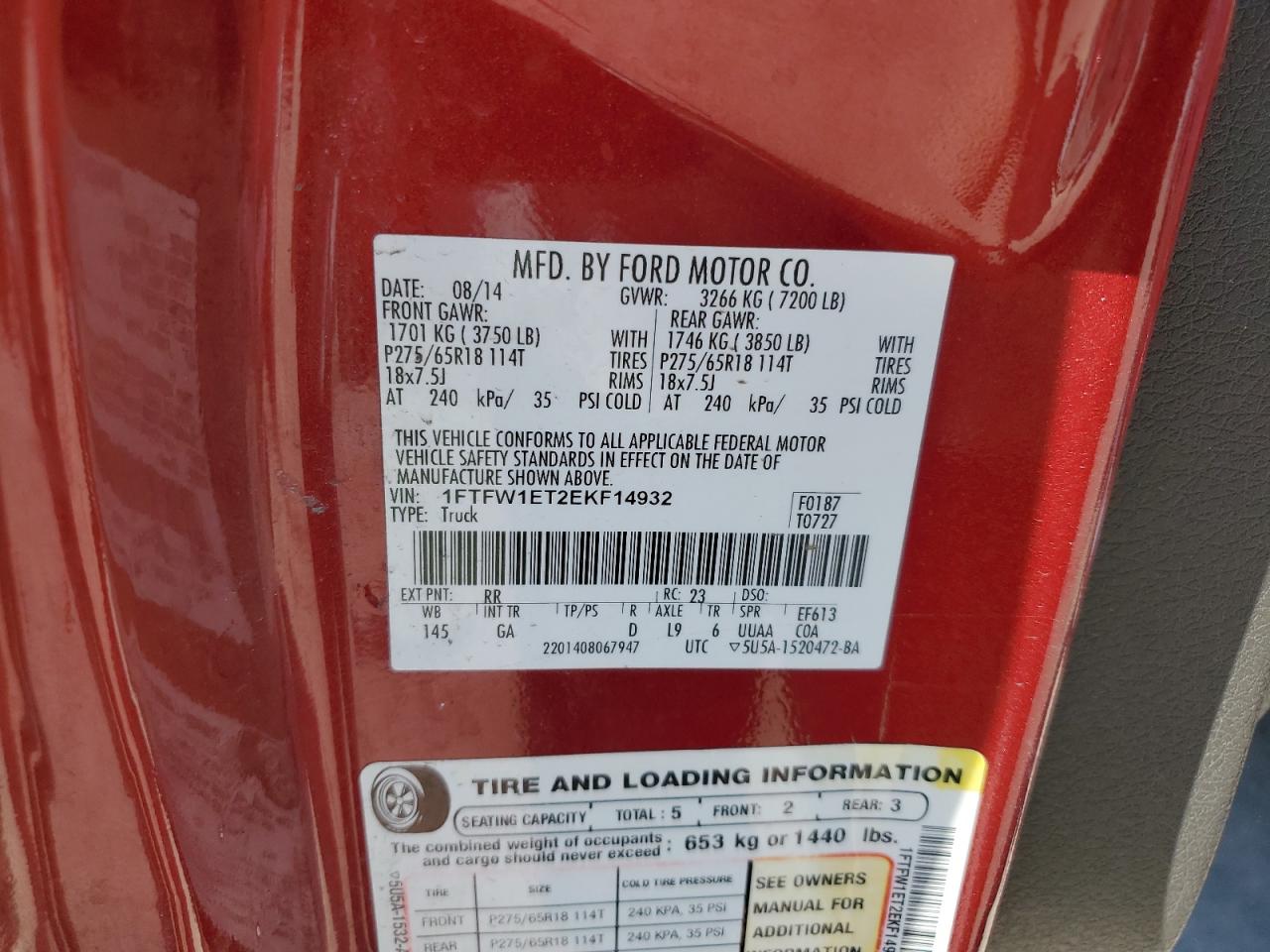 2014 Ford F-150 VIN 1FTFW1ET2EKF14932 Copart auction photo, front end damage thumbnail 14