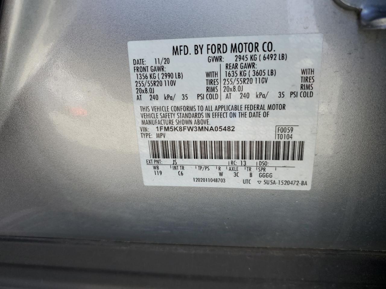 2021 Ford Explorer VIN 1FM5K8FW3MNA05482 Copart auction photo, rear end damage thumbnail 15