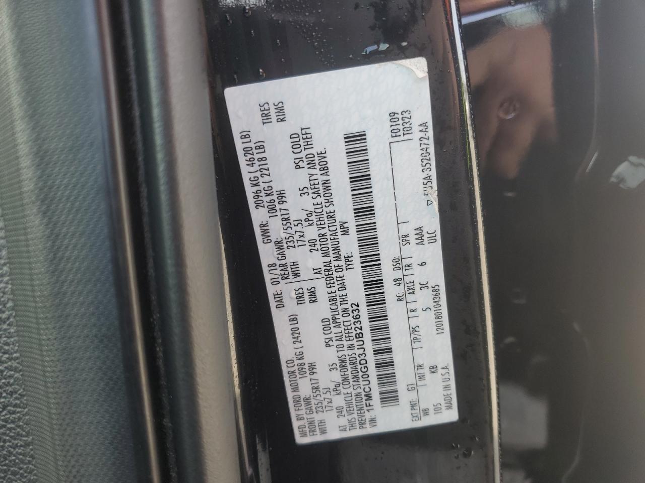 2018 Ford Escape VIN 1FMCU0GD3JUB23632 Copart auction photo, front end damage thumbnail 15