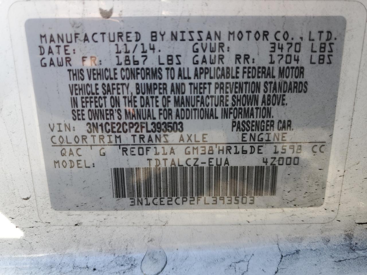 2015 Nissan Versa VIN 3N1CE2CP2FL393503 Copart auction photo, rear end damage thumbnail 12