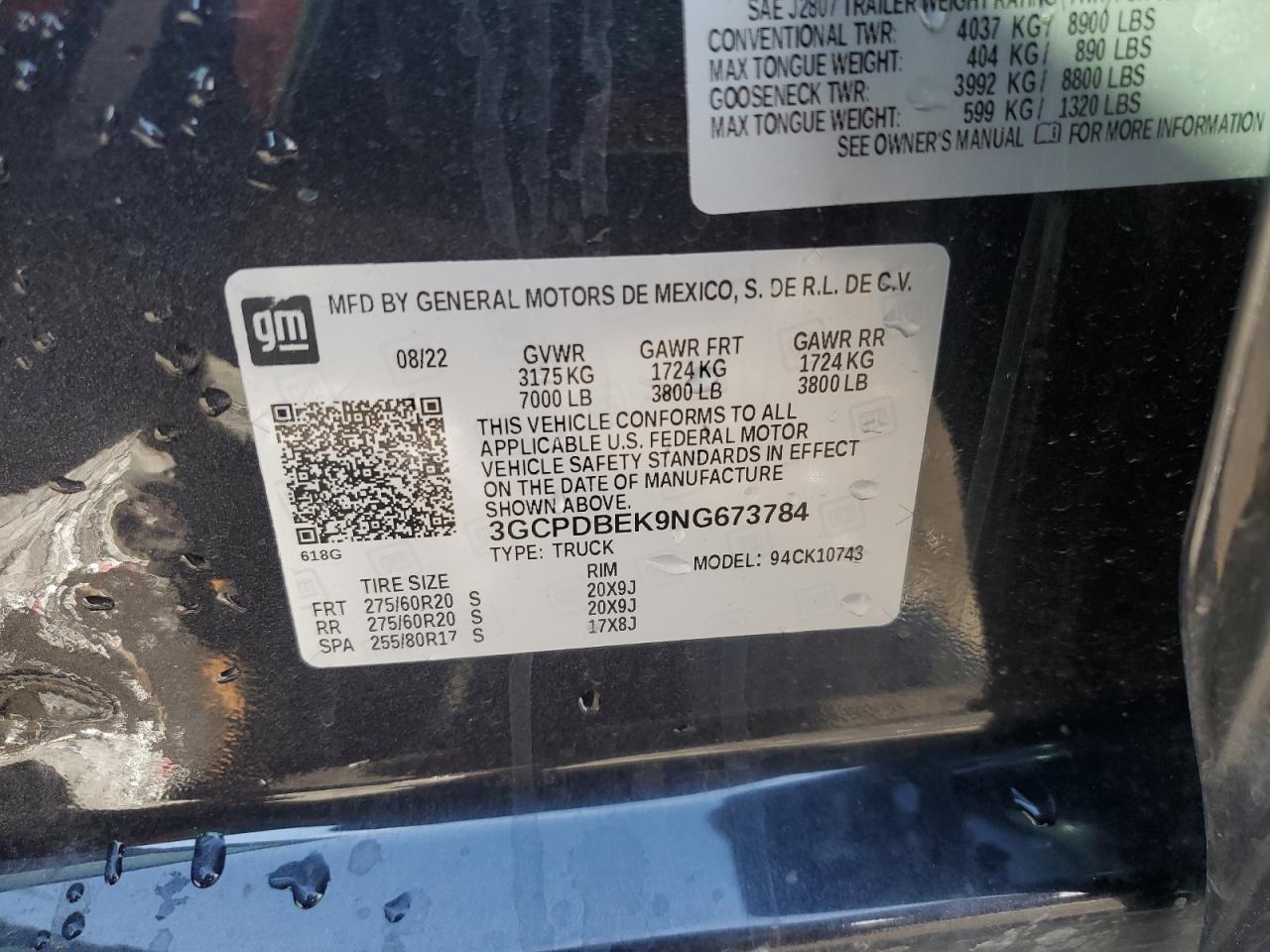 2022 Chevrolet Silverado VIN 3GCPDBEK9NG673784 Copart auction photo, front end / hail damage thumbnail 12