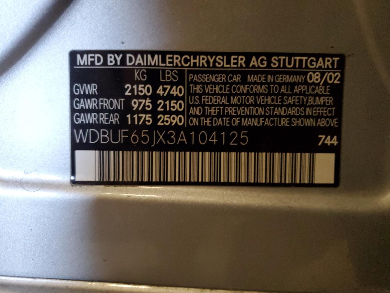 2003 Mercedes-Benz E-klasse VIN WDBUF65JX3A104125 Copart auction photo, front end / minor dent/scratches damage thumbnail 13