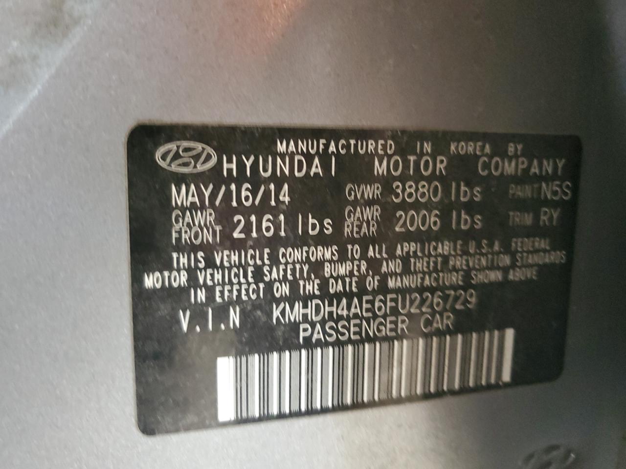 2015 Hyundai Elantra VIN KMHDH4AE6FU226729 Copart auction photo, rear end damage thumbnail 12