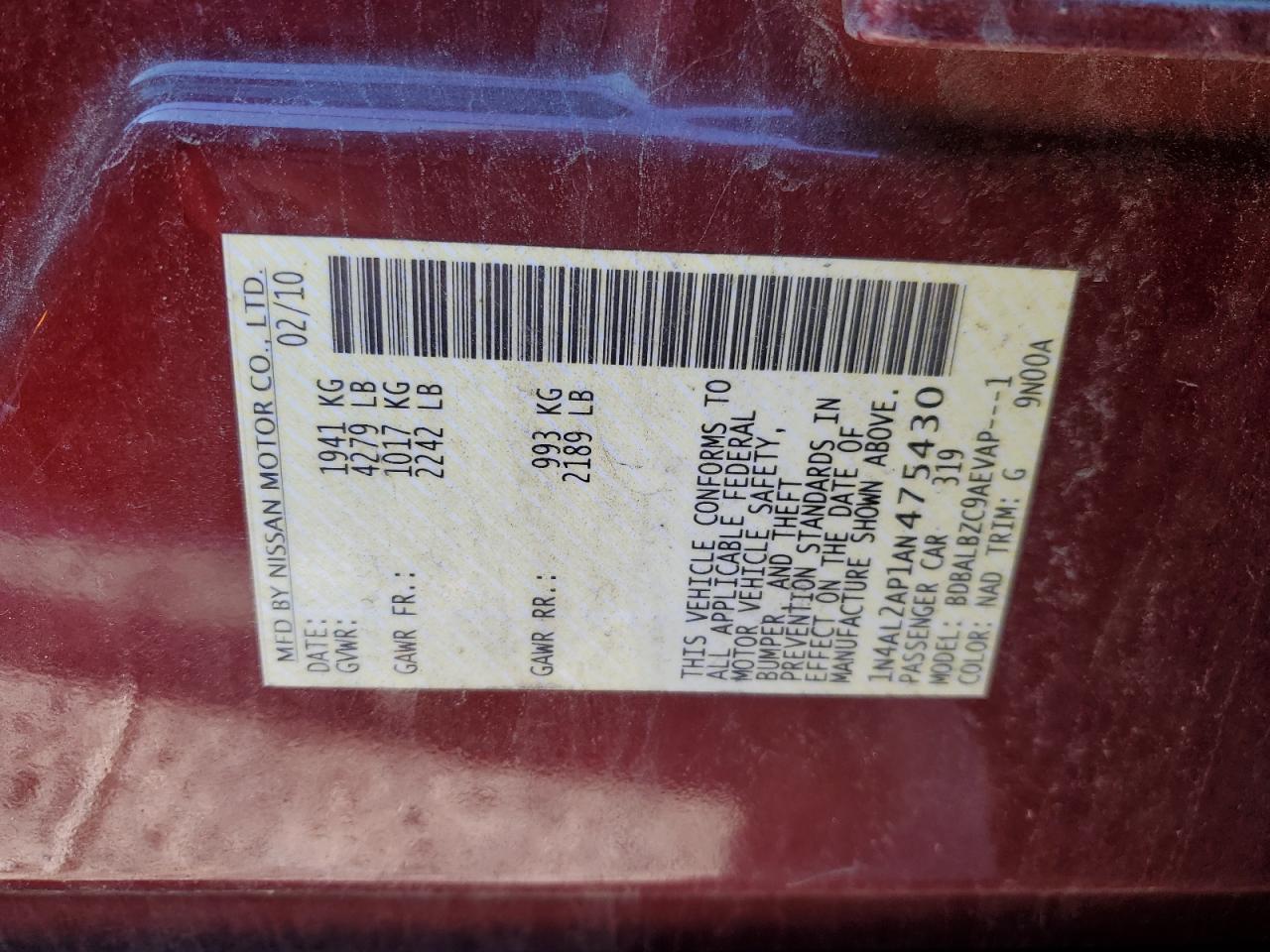 2010 Nissan Altima VIN 1N4AL2AP1AN475430 Copart auction photo, front end / rear end damage thumbnail 12