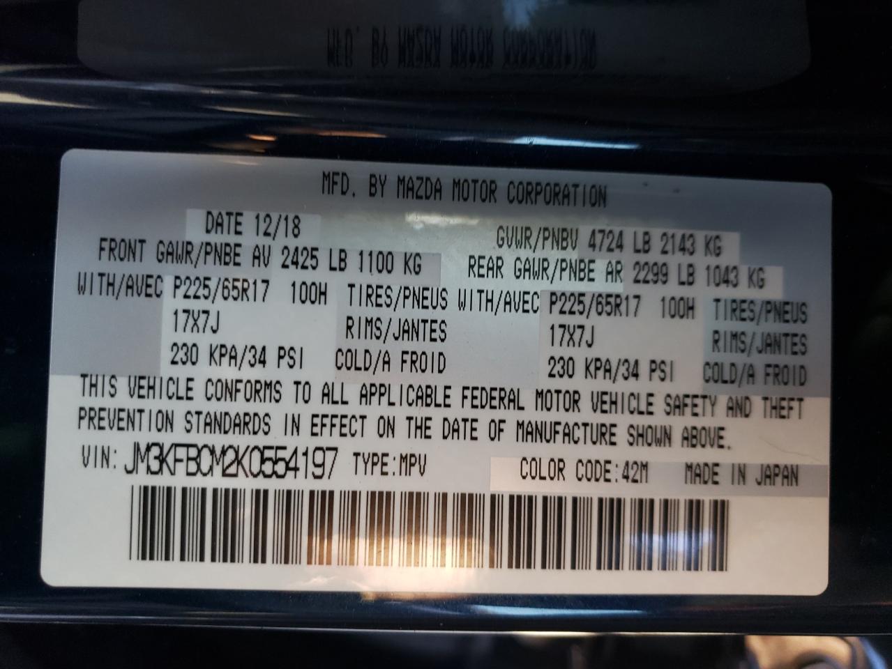 2019 Mazda CX-5 VIN JM3KFBCM2K0554197 Copart auction photo, front end / side damage thumbnail 15