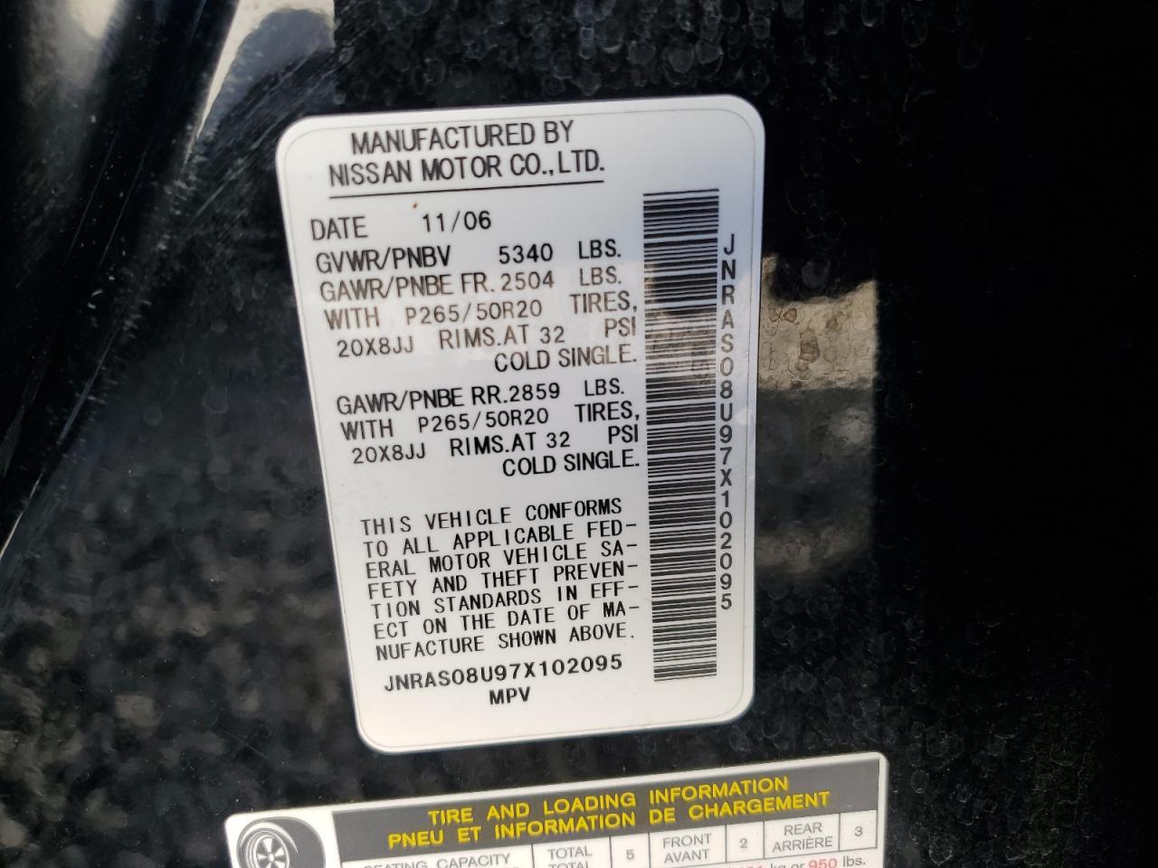 2007 Infiniti FX VIN JNRAS08U97X102095 Copart auction photo, rear end damage thumbnail 12