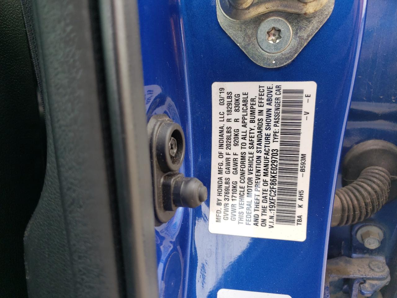 2019 Honda Civic VIN 19XFC2F86KE029703 Copart auction photo, rear end damage thumbnail 13