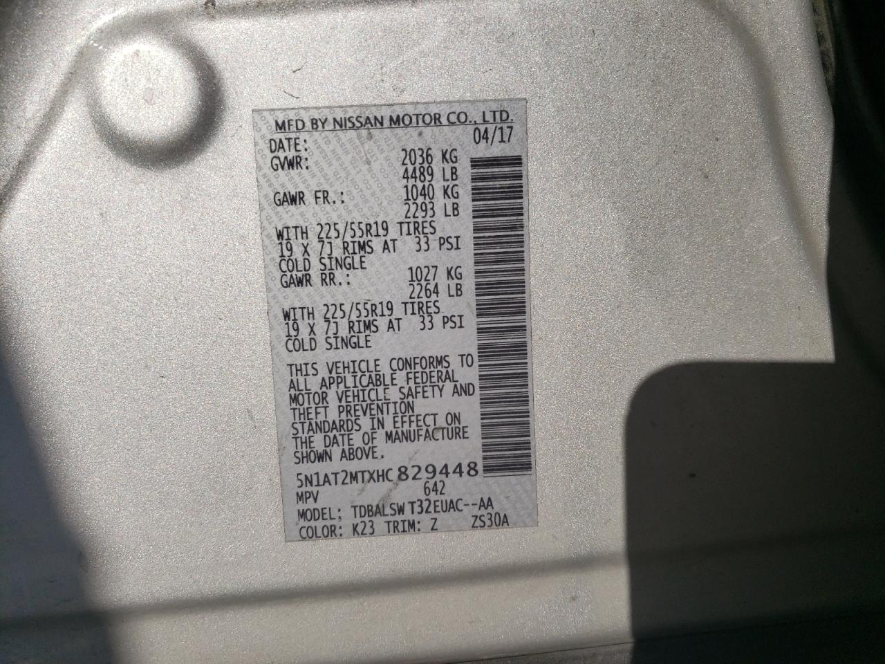 2017 Nissan Rogue VIN 5N1AT2MTXHC829448 Copart auction photo, front end damage thumbnail 13