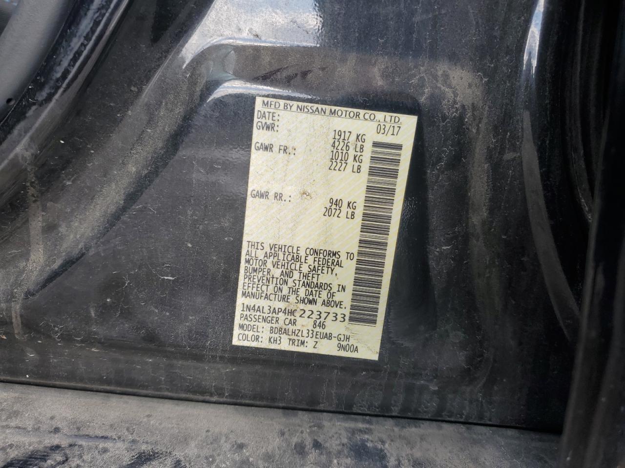 2017 Nissan Altima VIN 1N4AL3AP4HC223733 Copart auction photo, minor dent/scratches damage thumbnail 13