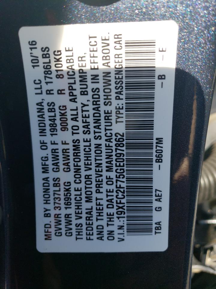 2016 Honda Civic VIN 19XFC2F75GE097862 Copart auction photo, front end damage thumbnail 12