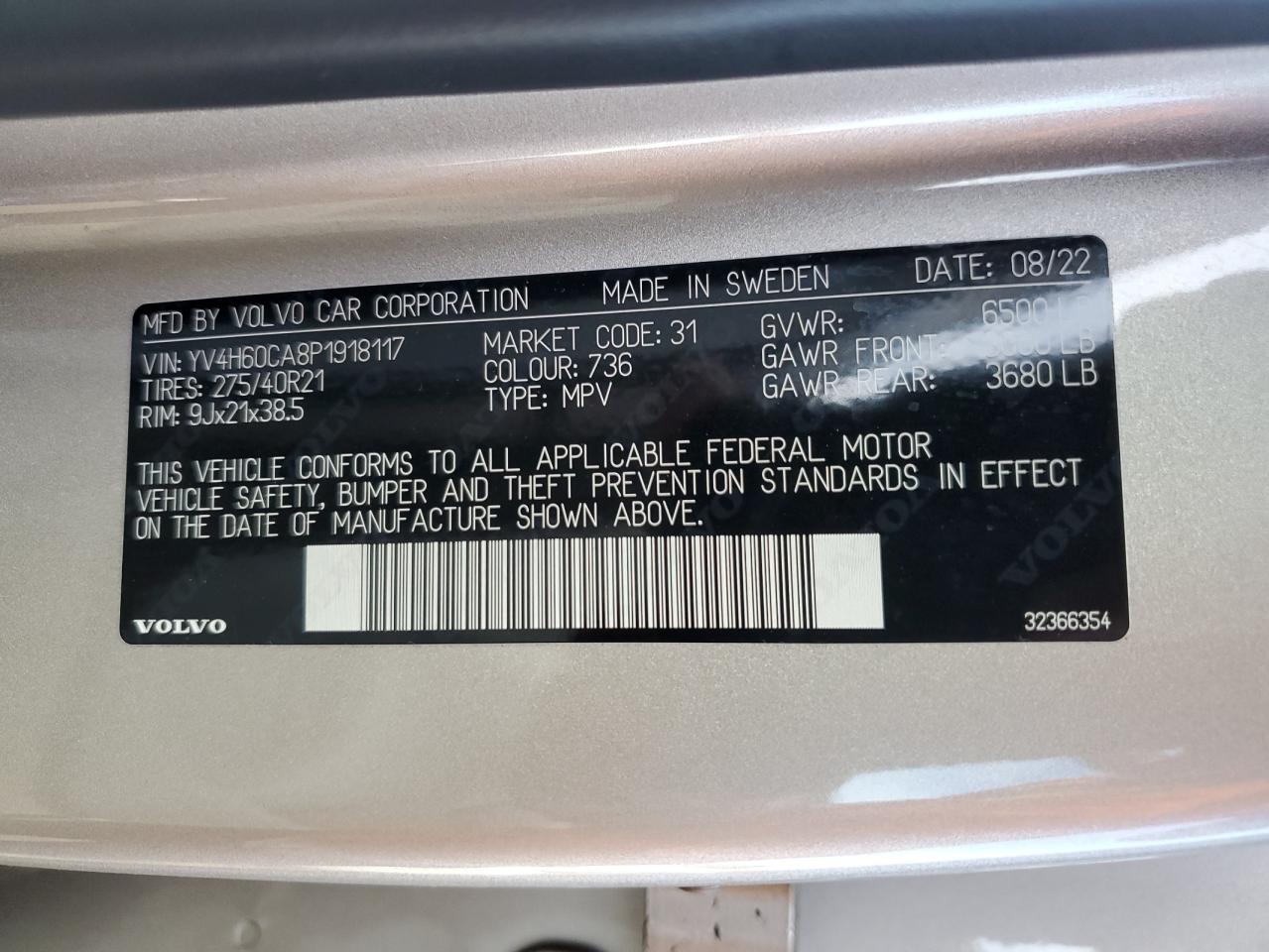 2023 Volvo XC90 VIN YV4H60CA8P1918117 Copart auction photo, side / rear end damage thumbnail 15