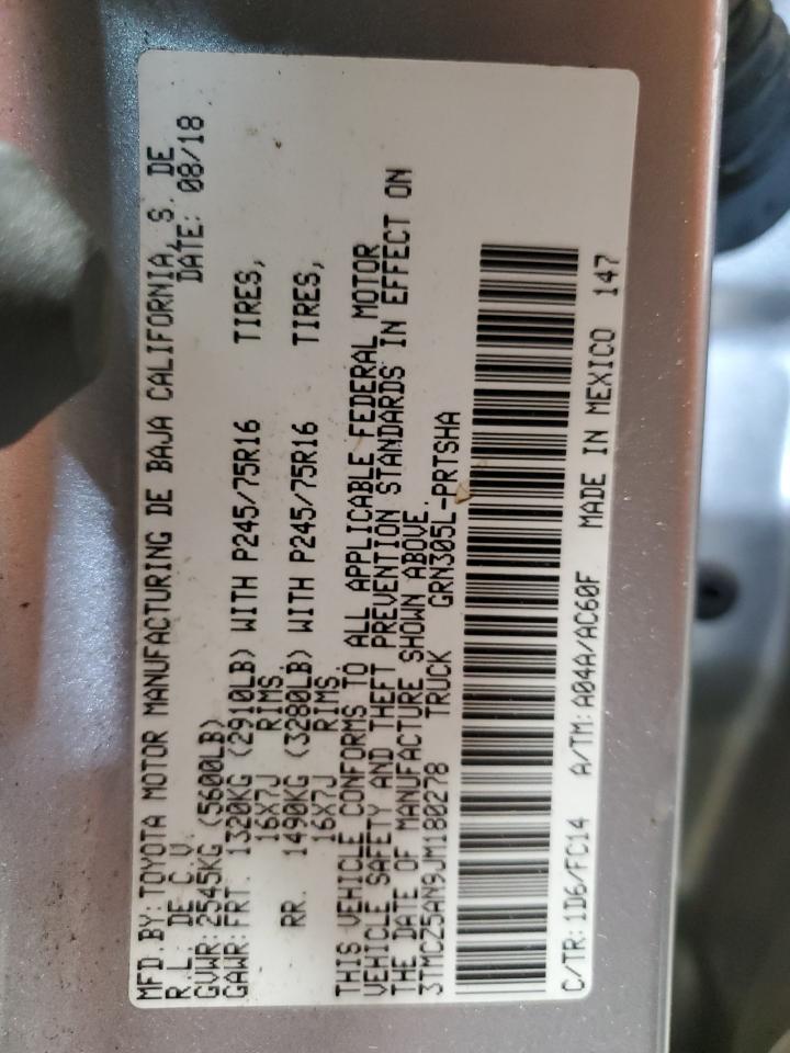 2018 Toyota Tacoma VIN 3TMCZ5AN9JM180278 Copart auction photo, front end damage thumbnail 14
