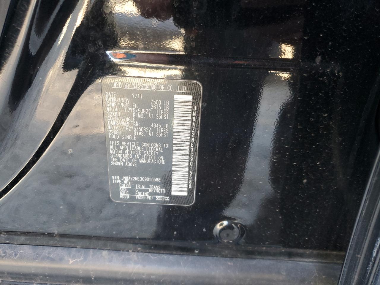 2012 Infiniti QX56 VIN JN8AZ2NE3C9015588 Copart auction photo, all over / mechanical damage thumbnail 13