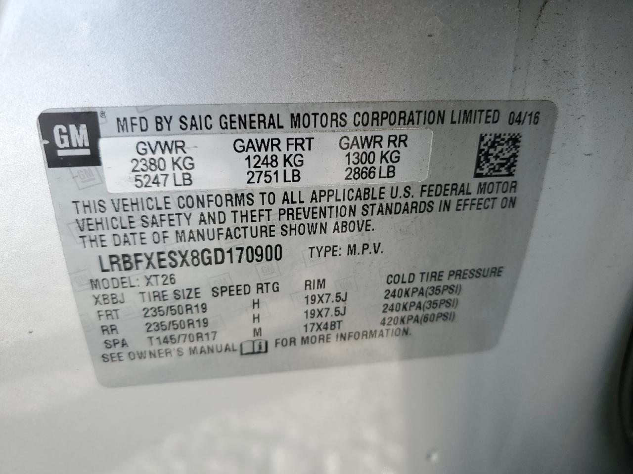 2016 Buick Envision VIN LRBFXESX8GD170900 Copart auction photo, front end damage thumbnail 16
