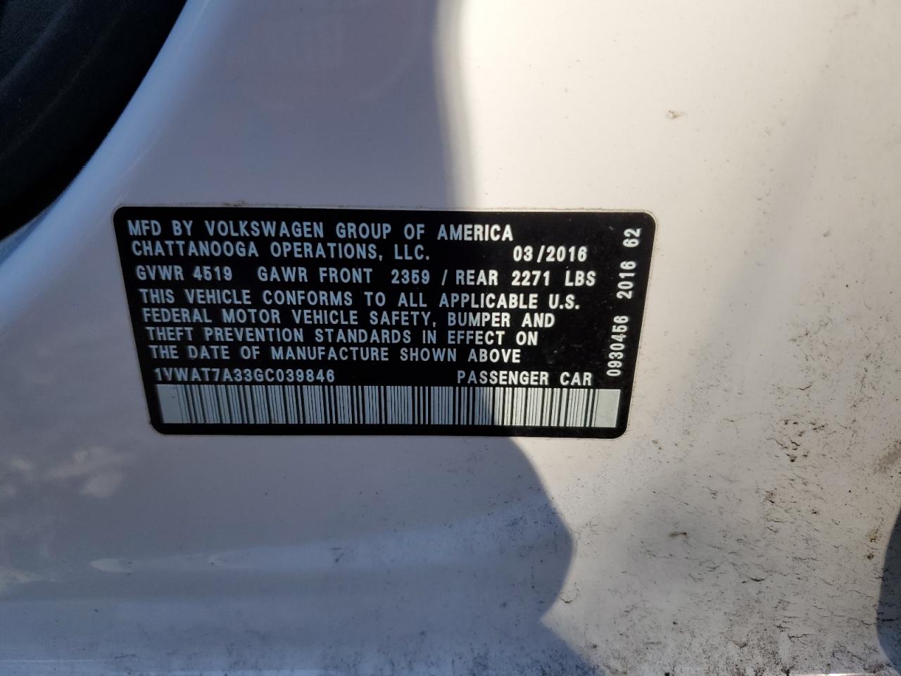 2016 Volkswagen Passat VIN 1VWAT7A33GC039846 Copart auction photo, side damage thumbnail 12